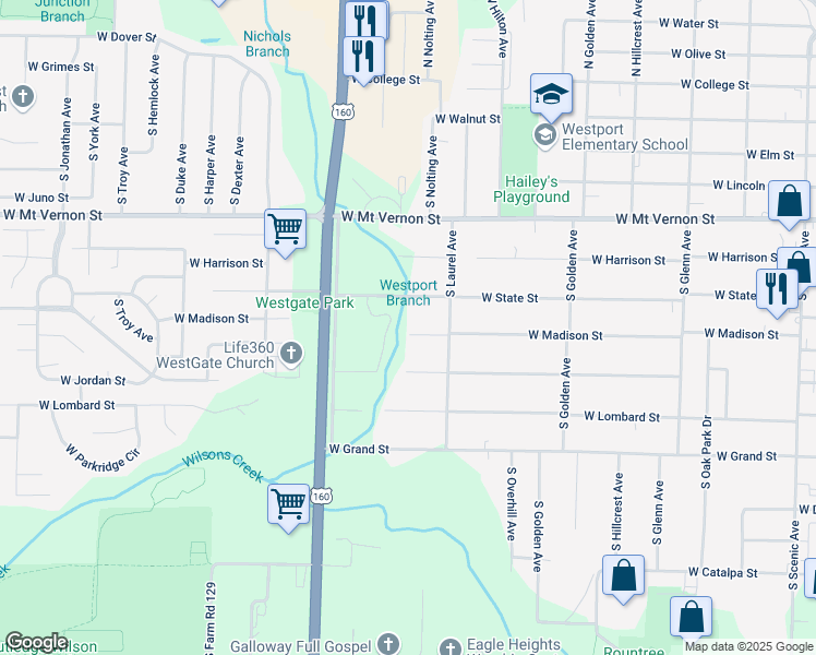 map of restaurants, bars, coffee shops, grocery stores, and more near 3345 West Madison Street in Springfield