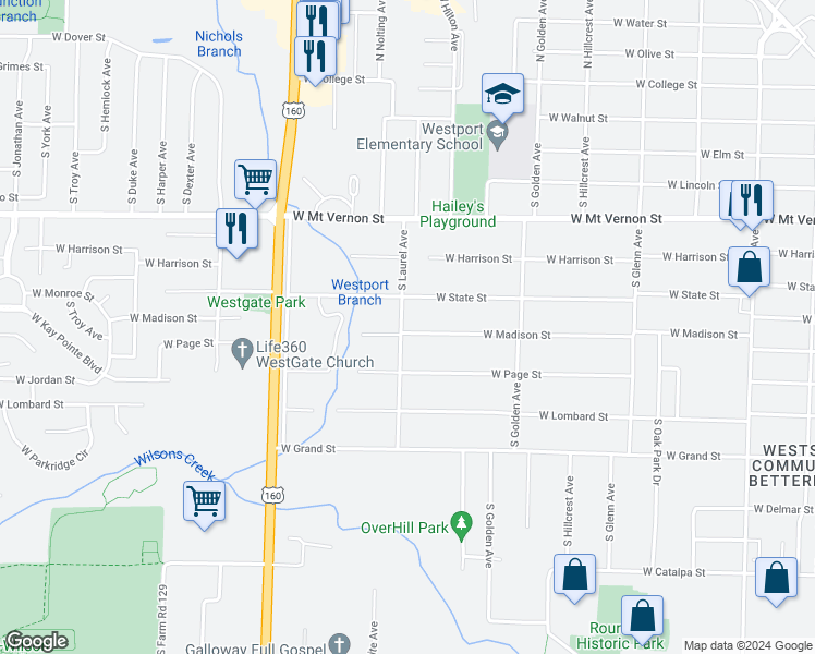 map of restaurants, bars, coffee shops, grocery stores, and more near 734 South Laurel Avenue in Springfield