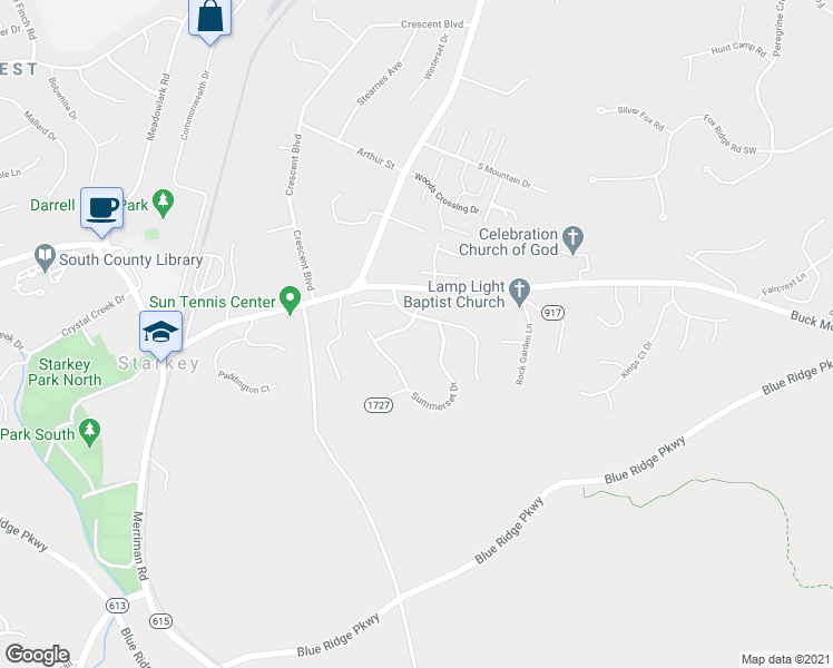 map of restaurants, bars, coffee shops, grocery stores, and more near 4710 Whipplewood Dr in Roanoke