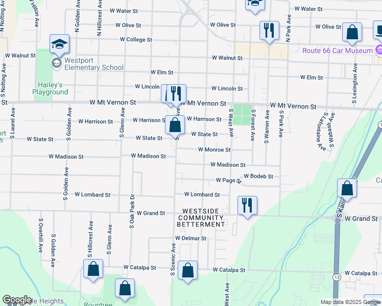 map of restaurants, bars, coffee shops, grocery stores, and more near 2638 West Monroe Street in Springfield