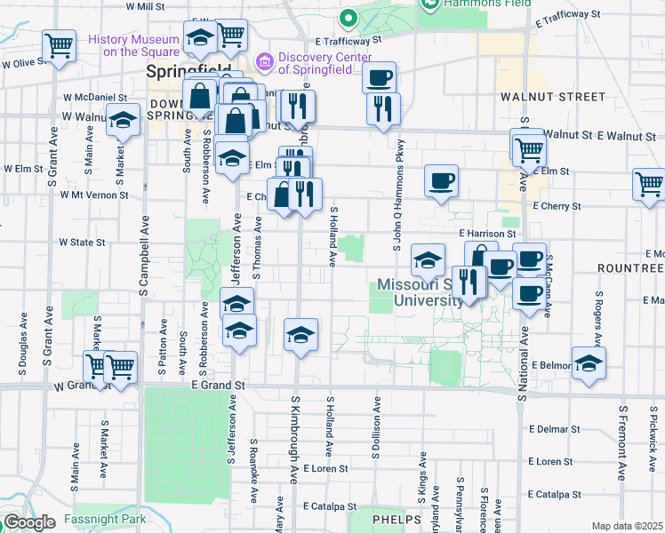 map of restaurants, bars, coffee shops, grocery stores, and more near 699 Bear Boulevard in Springfield
