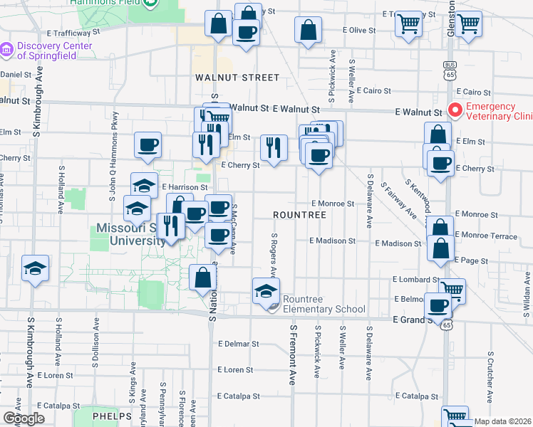 map of restaurants, bars, coffee shops, grocery stores, and more near 1319 East Monroe Street in Springfield