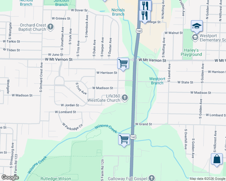 map of restaurants, bars, coffee shops, grocery stores, and more near 3634 West Madison Street in Springfield