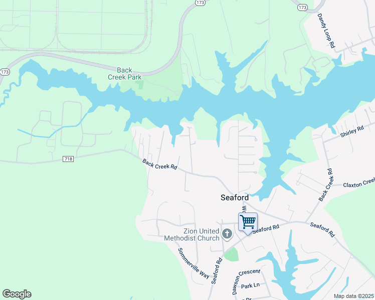 map of restaurants, bars, coffee shops, grocery stores, and more near 106 Parker Lane in Seaford