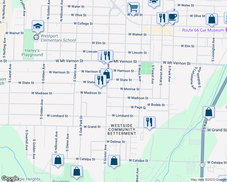 map of restaurants, bars, coffee shops, grocery stores, and more near 2638 West Monroe Street in Springfield