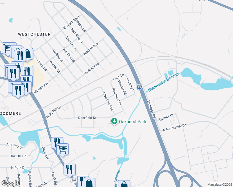 map of restaurants, bars, coffee shops, grocery stores, and more near 2539 Pinehurst Drive in Petersburg