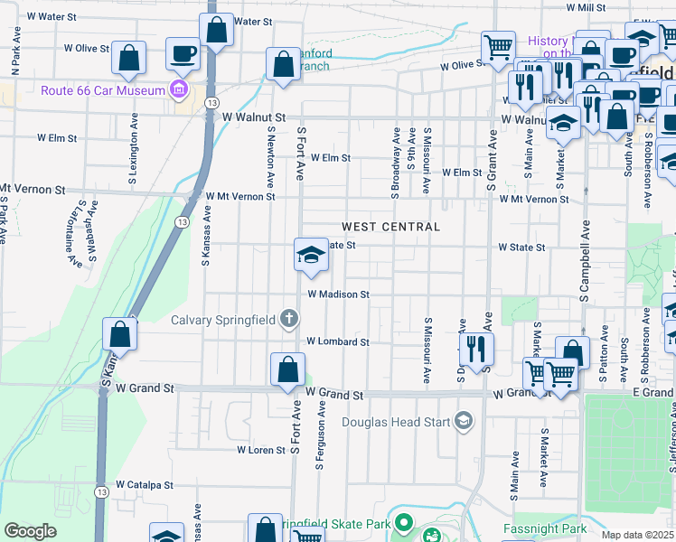 map of restaurants, bars, coffee shops, grocery stores, and more near 733 South New Avenue in Springfield