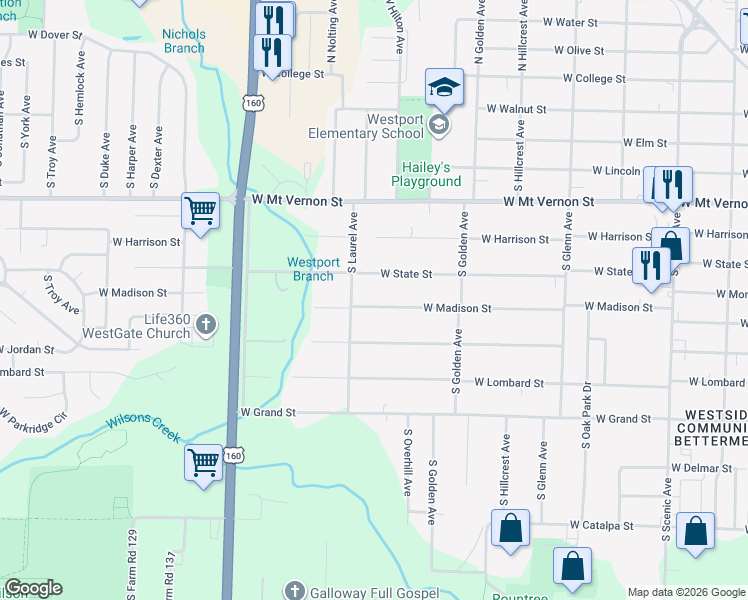 map of restaurants, bars, coffee shops, grocery stores, and more near 3235 West Madison Street in Springfield