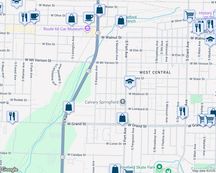 map of restaurants, bars, coffee shops, grocery stores, and more near 734 South Nettleton Avenue in Springfield