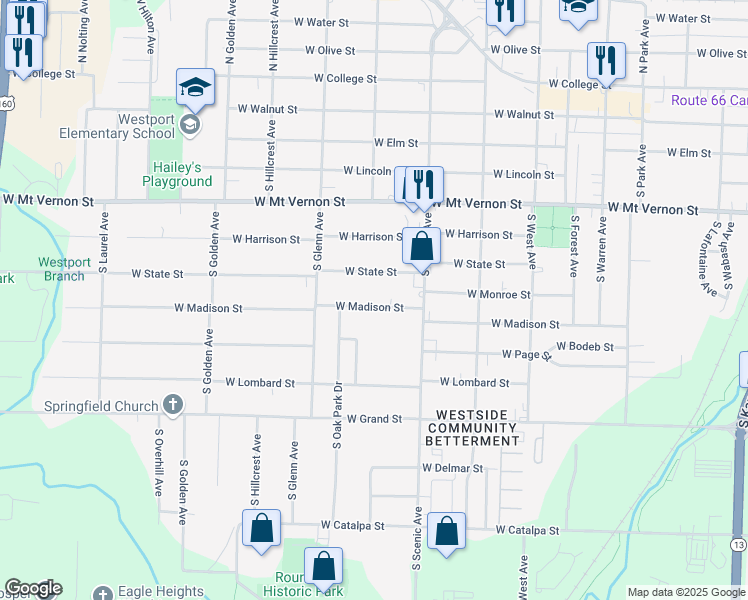 map of restaurants, bars, coffee shops, grocery stores, and more near 2755 West Madison Street in Springfield