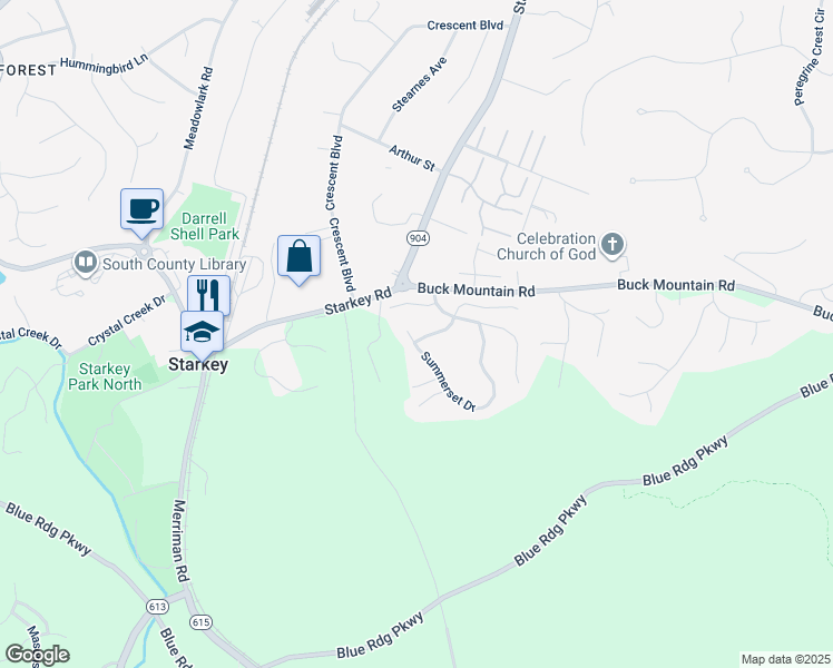 map of restaurants, bars, coffee shops, grocery stores, and more near 4605 Summerset Drive in Roanoke