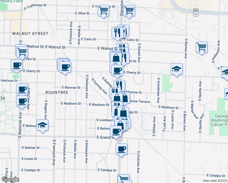 map of restaurants, bars, coffee shops, grocery stores, and more near 711 South Glenstone Avenue in Springfield