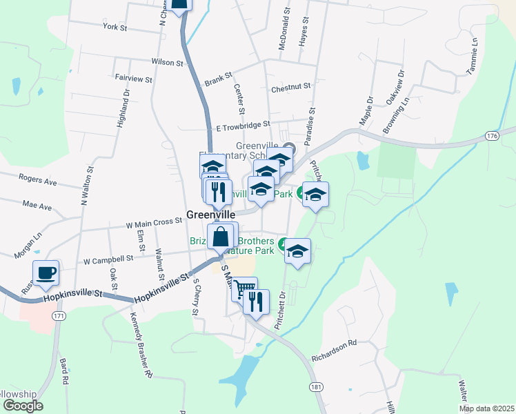 map of restaurants, bars, coffee shops, grocery stores, and more near 144 East Main Cross Street in Greenville