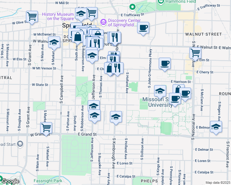 map of restaurants, bars, coffee shops, grocery stores, and more near 599 Bear Boulevard in Springfield