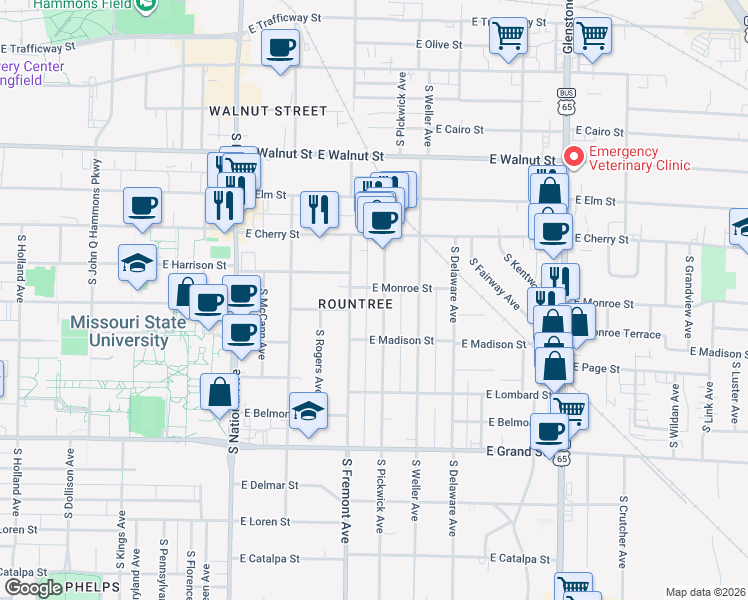 map of restaurants, bars, coffee shops, grocery stores, and more near 713 South Pickwick Avenue in Springfield