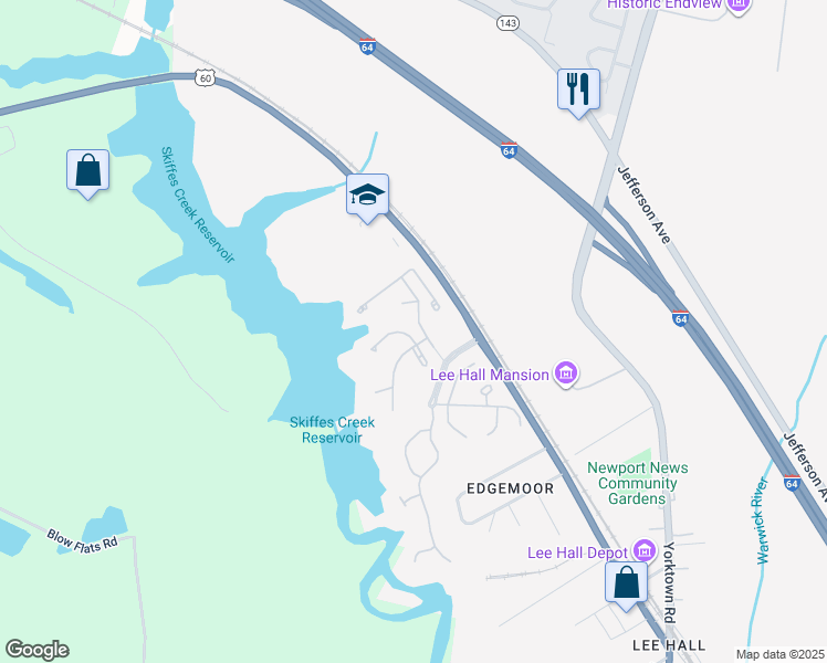 map of restaurants, bars, coffee shops, grocery stores, and more near 102 Lake Pointe Drive in Newport News