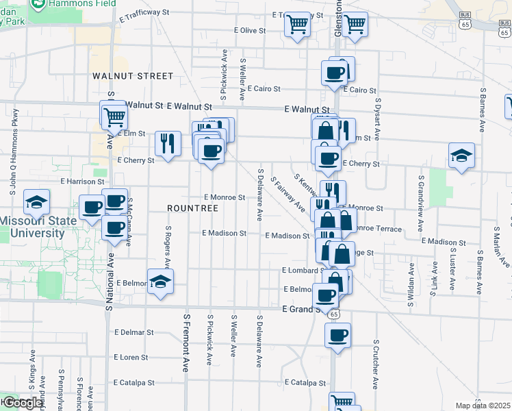 map of restaurants, bars, coffee shops, grocery stores, and more near 711 South Delaware Avenue in Springfield