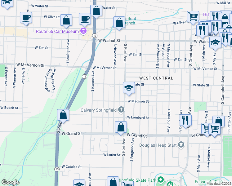 map of restaurants, bars, coffee shops, grocery stores, and more near 732 South Newton Avenue in Springfield