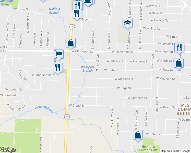 map of restaurants, bars, coffee shops, grocery stores, and more near 733 South Laurel Avenue in Springfield