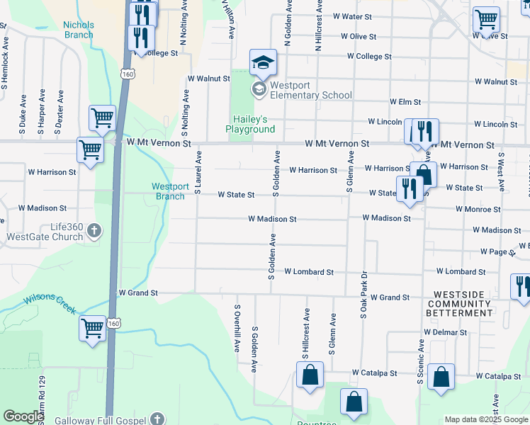 map of restaurants, bars, coffee shops, grocery stores, and more near 3109 West Madison Street in Springfield