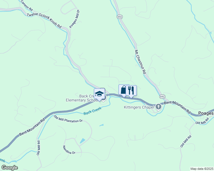 map of restaurants, bars, coffee shops, grocery stores, and more near 6981 Bent Mountain Road in Roanoke