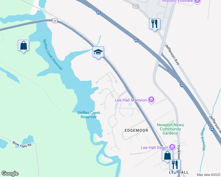 map of restaurants, bars, coffee shops, grocery stores, and more near 102 Lake Pointe Drive in Newport News