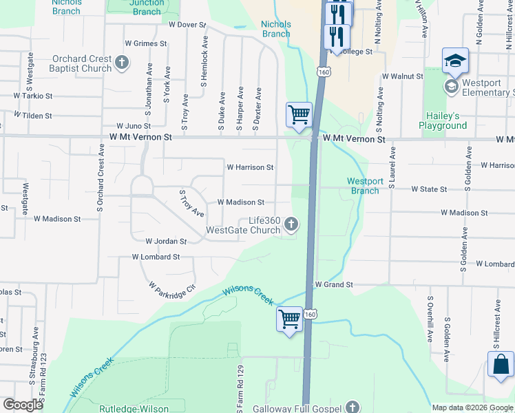map of restaurants, bars, coffee shops, grocery stores, and more near 3634 West Madison Street in Springfield