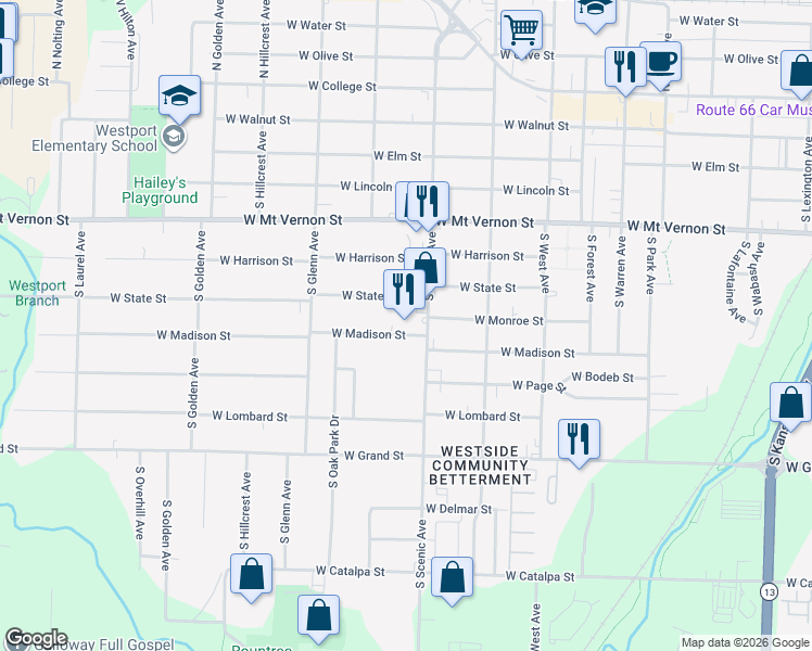 map of restaurants, bars, coffee shops, grocery stores, and more near 2719 West Madison Street in Springfield