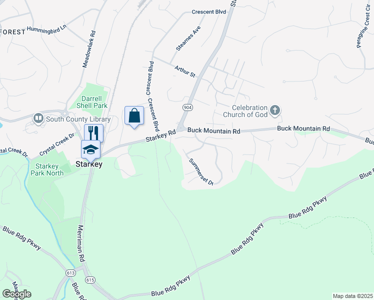 map of restaurants, bars, coffee shops, grocery stores, and more near 4605 Summerset Drive in Roanoke