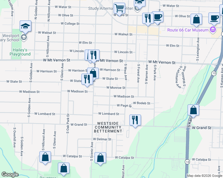 map of restaurants, bars, coffee shops, grocery stores, and more near 2556 West Monroe Street in Springfield