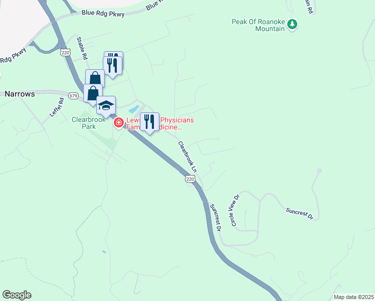map of restaurants, bars, coffee shops, grocery stores, and more near 5444 Clearbrook Lane in Roanoke