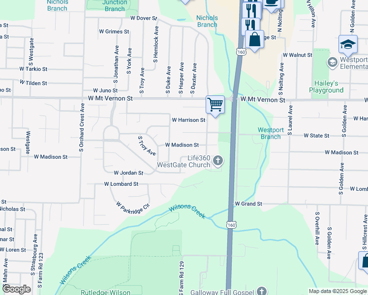 map of restaurants, bars, coffee shops, grocery stores, and more near 3664 West Madison Street in Springfield