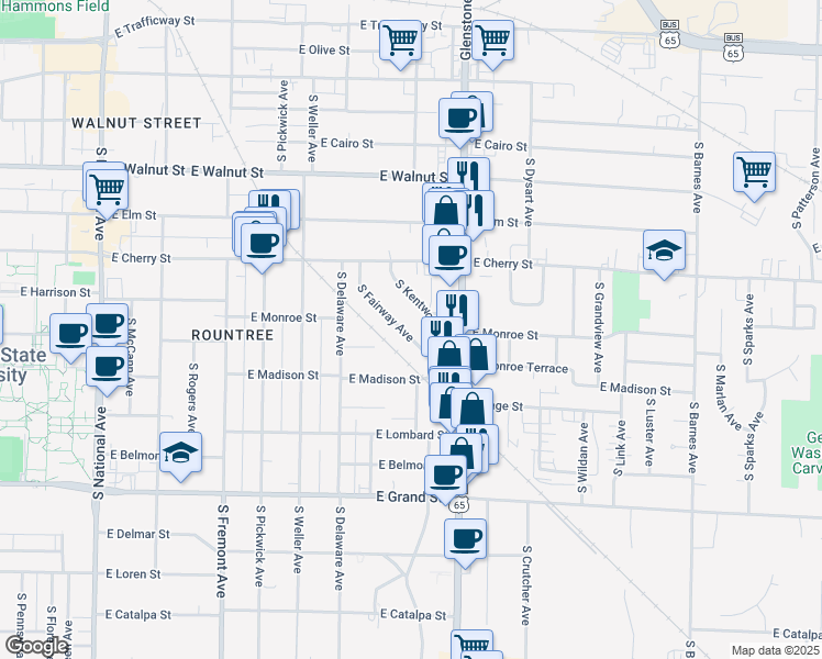 map of restaurants, bars, coffee shops, grocery stores, and more near 730 South Fairway Avenue in Springfield