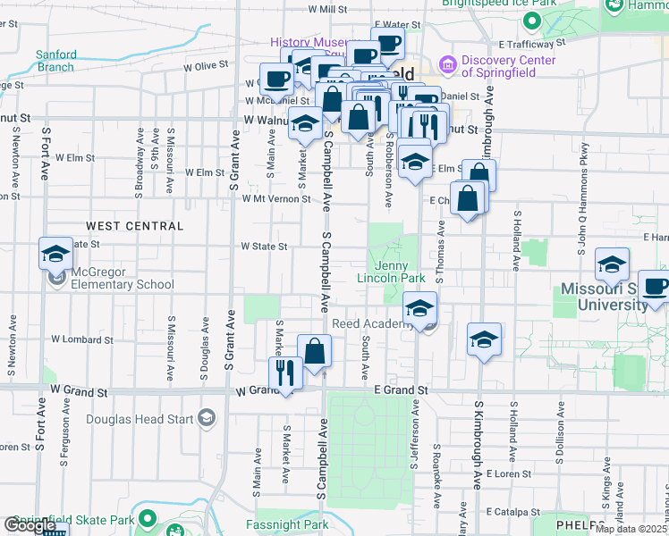 map of restaurants, bars, coffee shops, grocery stores, and more near 724 South Campbell Avenue in Springfield