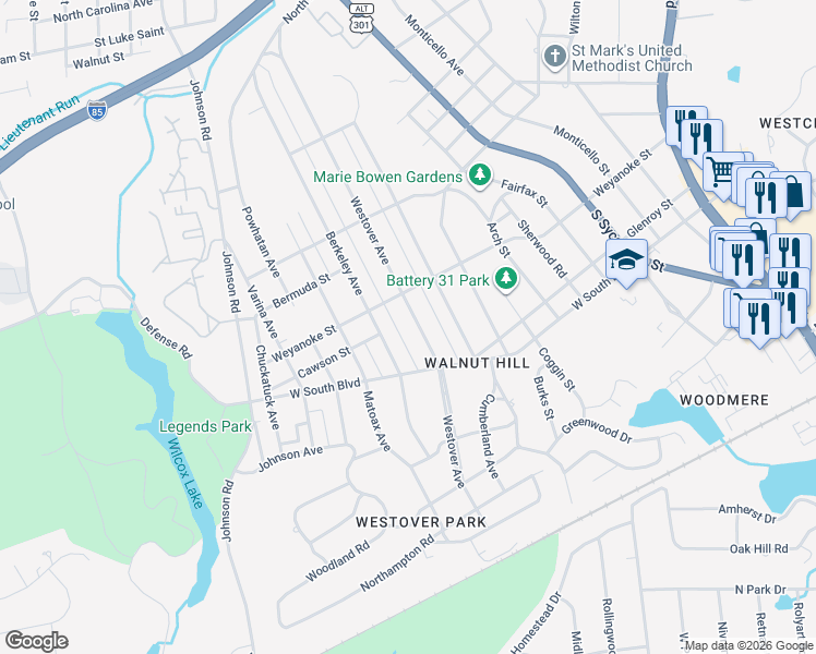 map of restaurants, bars, coffee shops, grocery stores, and more near 1839 Westover Avenue in Petersburg
