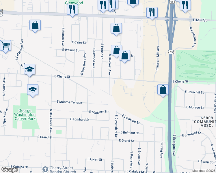 map of restaurants, bars, coffee shops, grocery stores, and more near 629 South Belcrest Avenue in Springfield