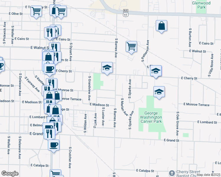 map of restaurants, bars, coffee shops, grocery stores, and more near 2157 East Monroe Street in Springfield
