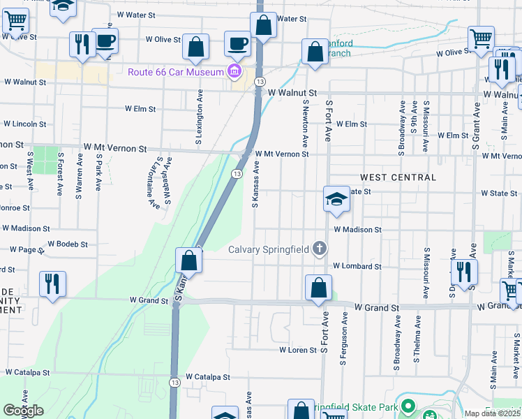 map of restaurants, bars, coffee shops, grocery stores, and more near 732 S Kansas Ave in Springfield