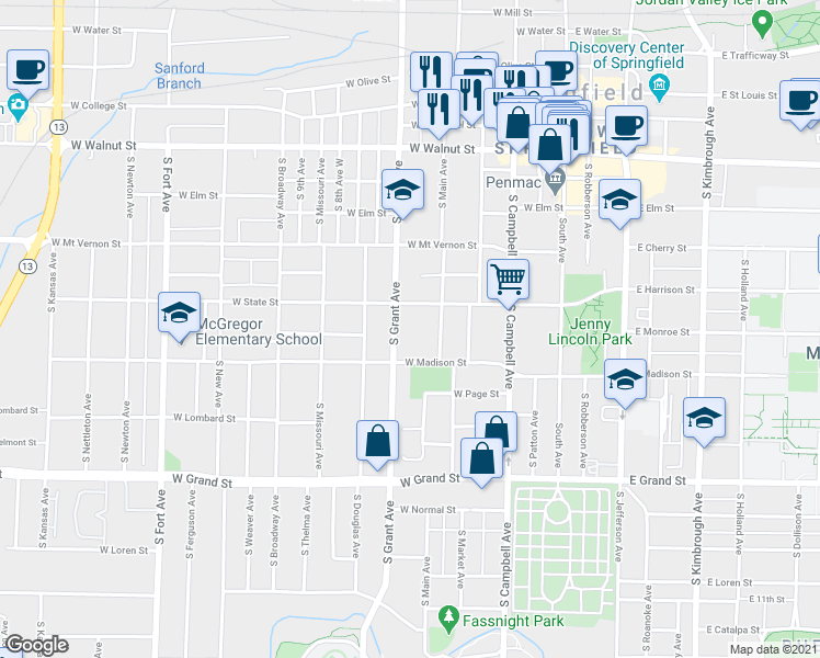 map of restaurants, bars, coffee shops, grocery stores, and more near 724 South Grant Avenue in Springfield