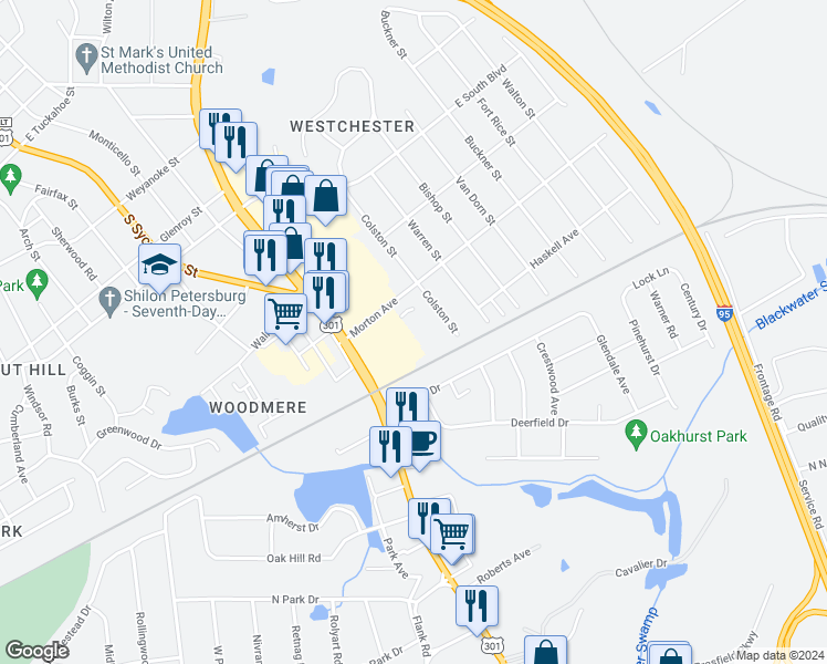 map of restaurants, bars, coffee shops, grocery stores, and more near 2229 Sedgwick Street in Petersburg