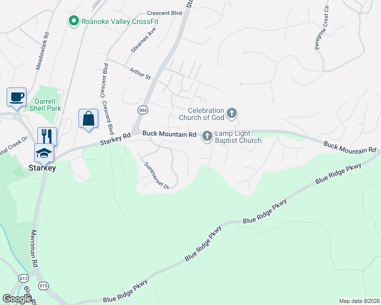 map of restaurants, bars, coffee shops, grocery stores, and more near 4518 Buck Mountain Rd in Roanoke