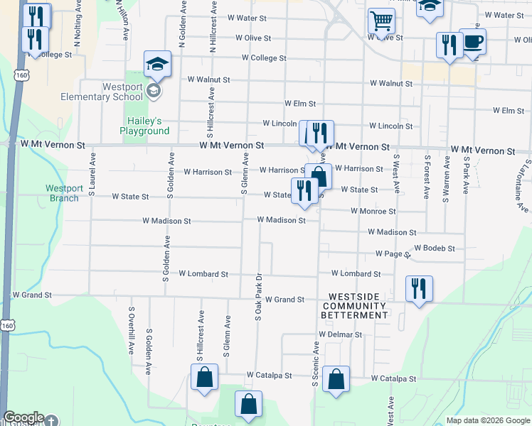 map of restaurants, bars, coffee shops, grocery stores, and more near 2839 West Madison Street in Springfield