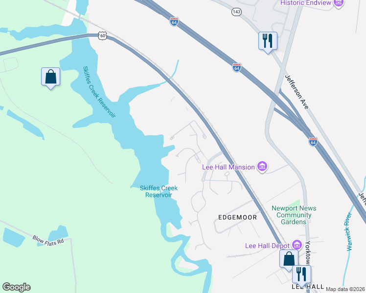 map of restaurants, bars, coffee shops, grocery stores, and more near 110 Lake Pointe Drive in Newport News