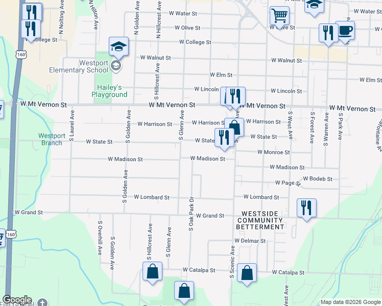map of restaurants, bars, coffee shops, grocery stores, and more near 2839 West Madison Street in Springfield