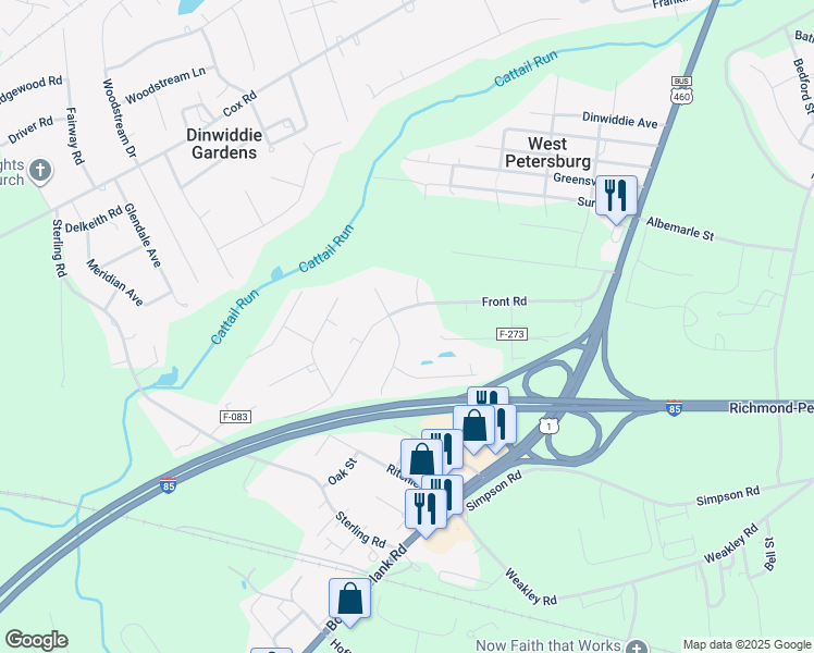 map of restaurants, bars, coffee shops, grocery stores, and more near 5207 Church Drive in Petersburg