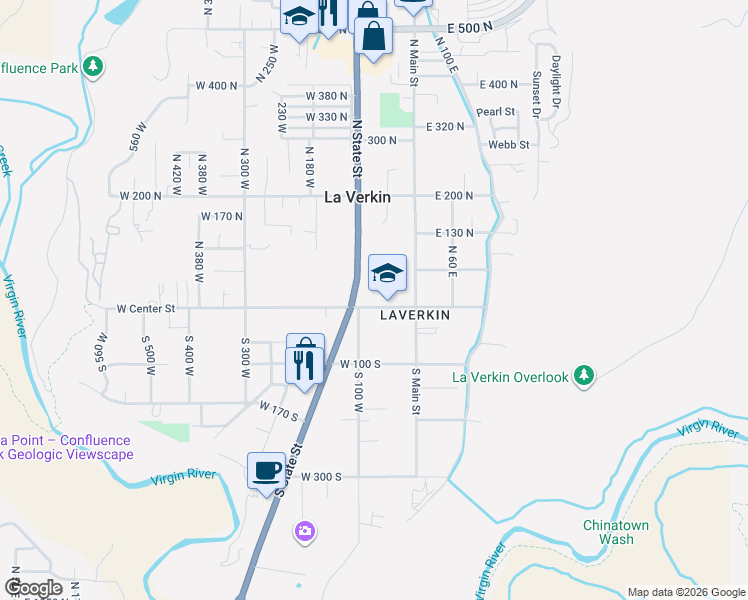 map of restaurants, bars, coffee shops, grocery stores, and more near 80 West Center Street in La Verkin