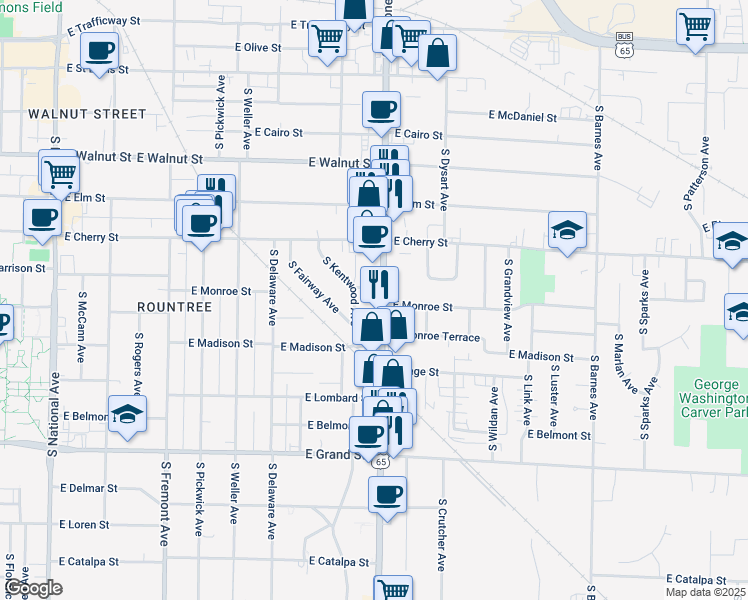 map of restaurants, bars, coffee shops, grocery stores, and more near 711 S Glenstone Ave in Springfield