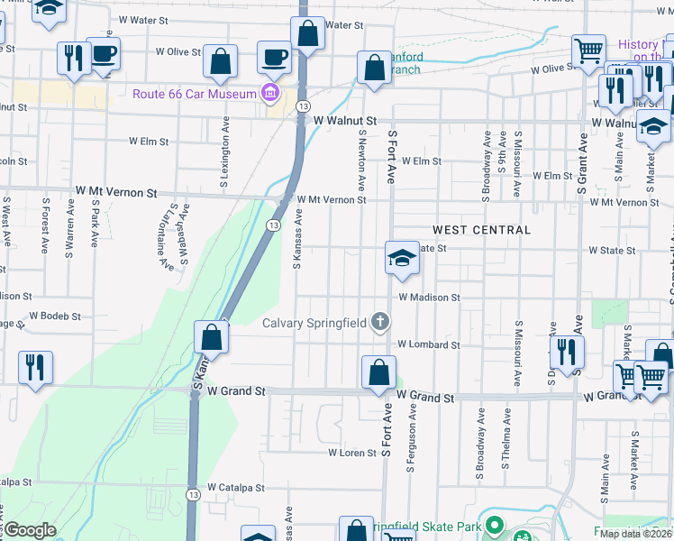 map of restaurants, bars, coffee shops, grocery stores, and more near 734 South Nettleton Avenue in Springfield