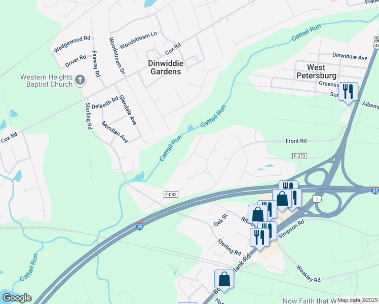 map of restaurants, bars, coffee shops, grocery stores, and more near 25030 Gilmar Court in Petersburg