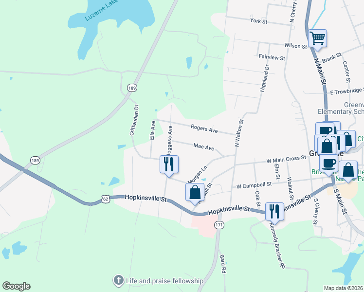 map of restaurants, bars, coffee shops, grocery stores, and more near 528 Mae Avenue in Greenville